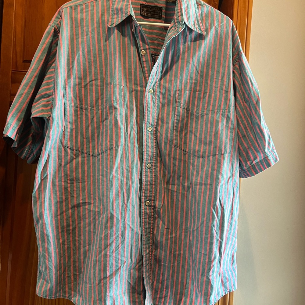 Vintage 90s Eddie Bauer Blue and Pink Casual Button Down Shirt